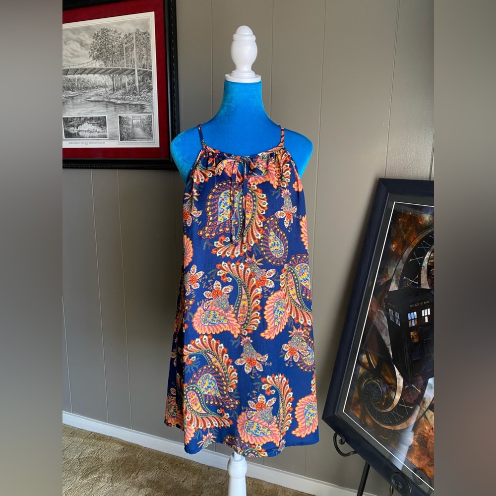 AS U WISH PAISLEY NAVY BLUE MINI DRESS.